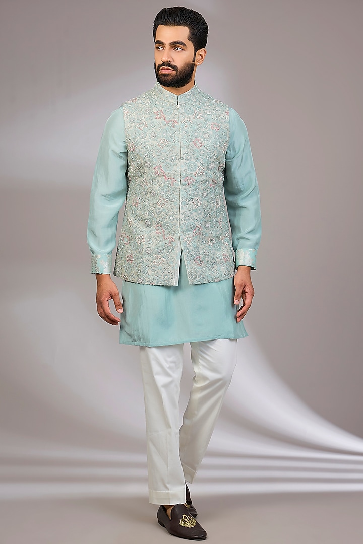 Marine Blue Organza & Habutai Silk Bundi Set by ARJAN DUGAL at Pernia's Pop Up Shop