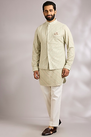 Sage Green Viscose Georgette Bundi Jacket Set by ARJAN DUGAL