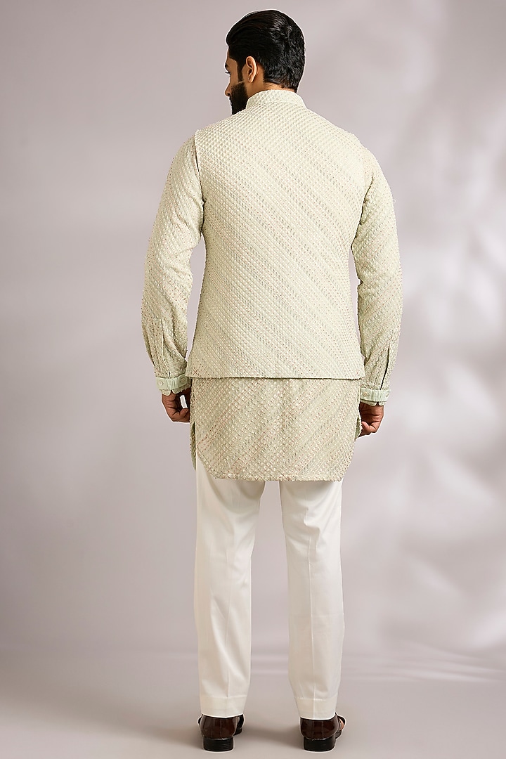 Sage Green Viscose Georgette Bundi Jacket Set by ARJAN DUGAL at Pernia's Pop Up Shop