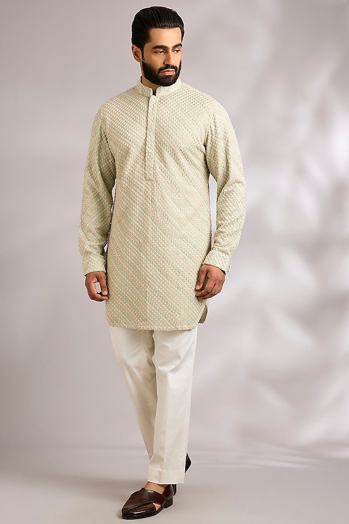 Sage Green Viscose Georgette Bundi Jacket Set by ARJAN DUGAL at Pernia's Pop Up Shop