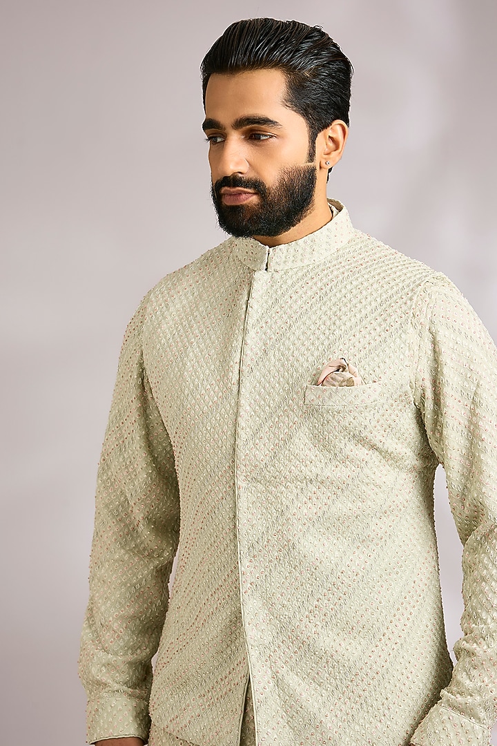 Sage Green Viscose Georgette Bundi Jacket Set by ARJAN DUGAL at Pernia's Pop Up Shop