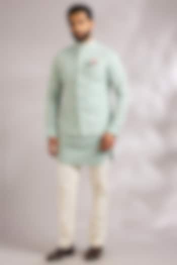 Muted Blue Viscose Georgette Bundi Jacket Set by ARJAN DUGAL at Pernia's Pop Up Shop
