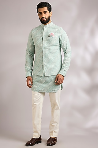 Muted Blue Viscose Georgette Bundi Jacket Set by ARJAN DUGAL