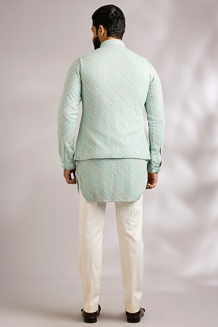 Muted Blue Viscose Georgette Bundi Jacket Set by ARJAN DUGAL at Pernia's Pop Up Shop
