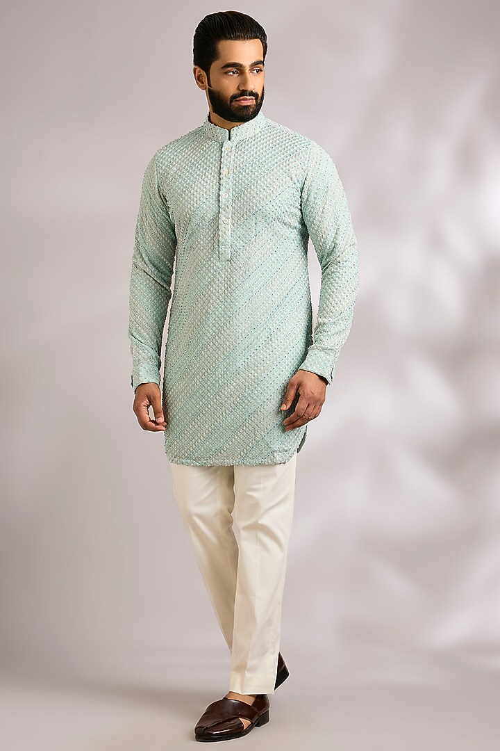 Muted Blue Viscose Georgette Bundi Jacket Set by ARJAN DUGAL at Pernia's Pop Up Shop
