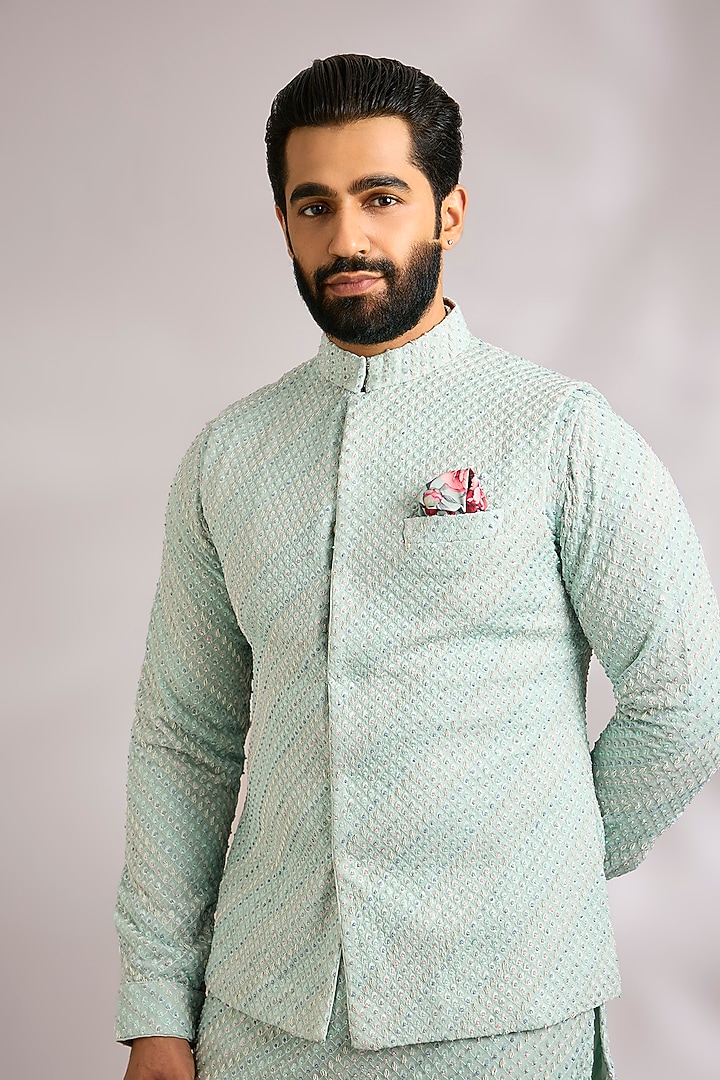 Muted Blue Viscose Georgette Bundi Jacket Set by ARJAN DUGAL at Pernia's Pop Up Shop