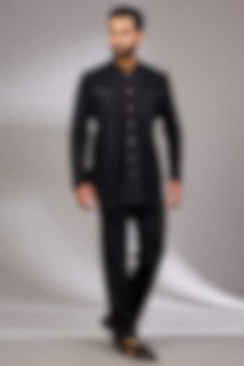 Black Habutai Silk & Satin Groom Indowestern Set by ARJAN DUGAL at Pernia's Pop Up Shop