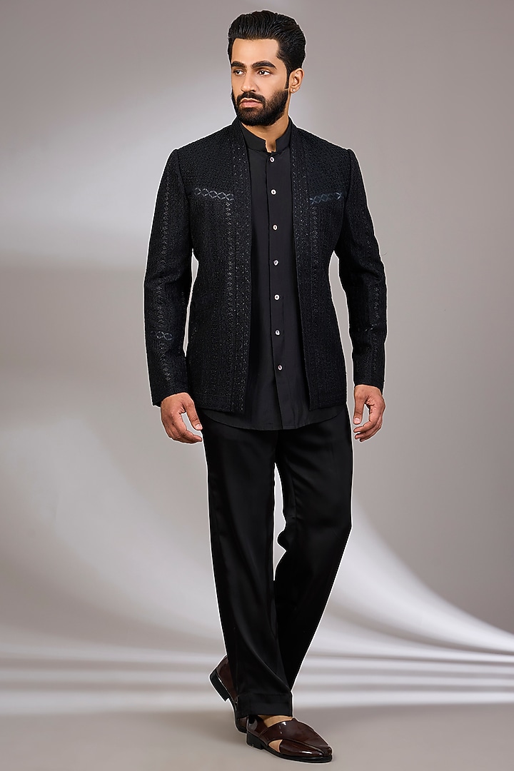 Black Habutai Silk & Satin Groom Indowestern Set by ARJAN DUGAL at Pernia's Pop Up Shop