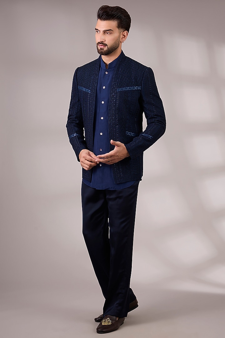 Navy Blue Georgette & Satin Groom Indowestern Set by ARJAN DUGAL at Pernia's Pop Up Shop