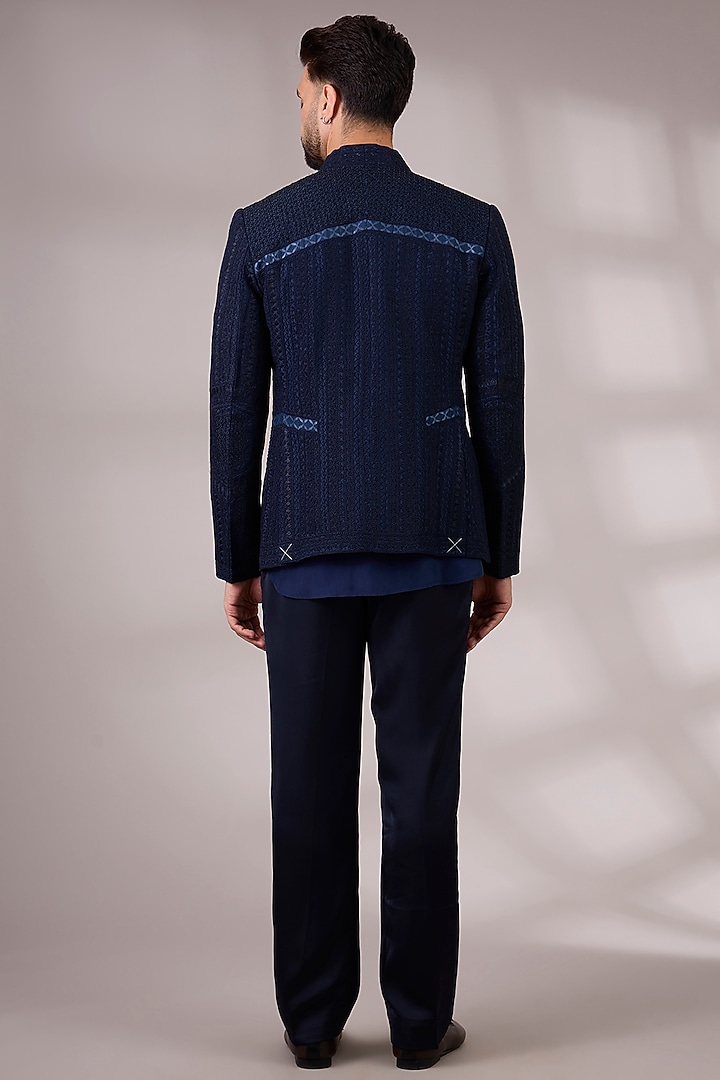 Navy Blue Georgette & Satin Groom Indowestern Set by ARJAN DUGAL at Pernia's Pop Up Shop