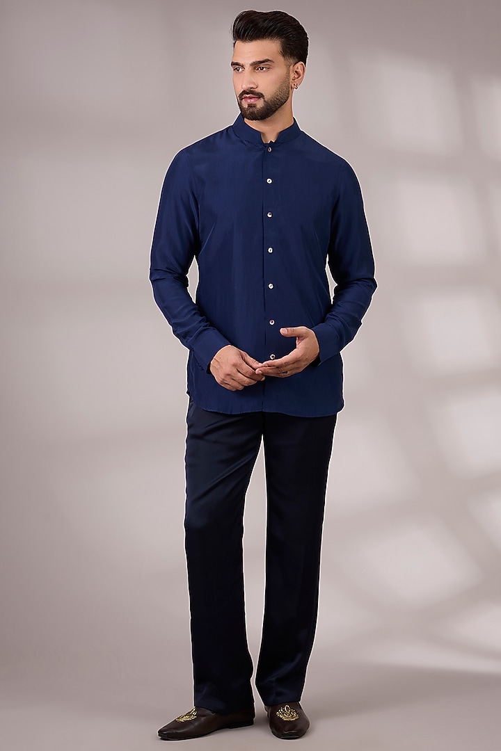 Navy Blue Georgette & Satin Groom Indowestern Set by ARJAN DUGAL at Pernia's Pop Up Shop