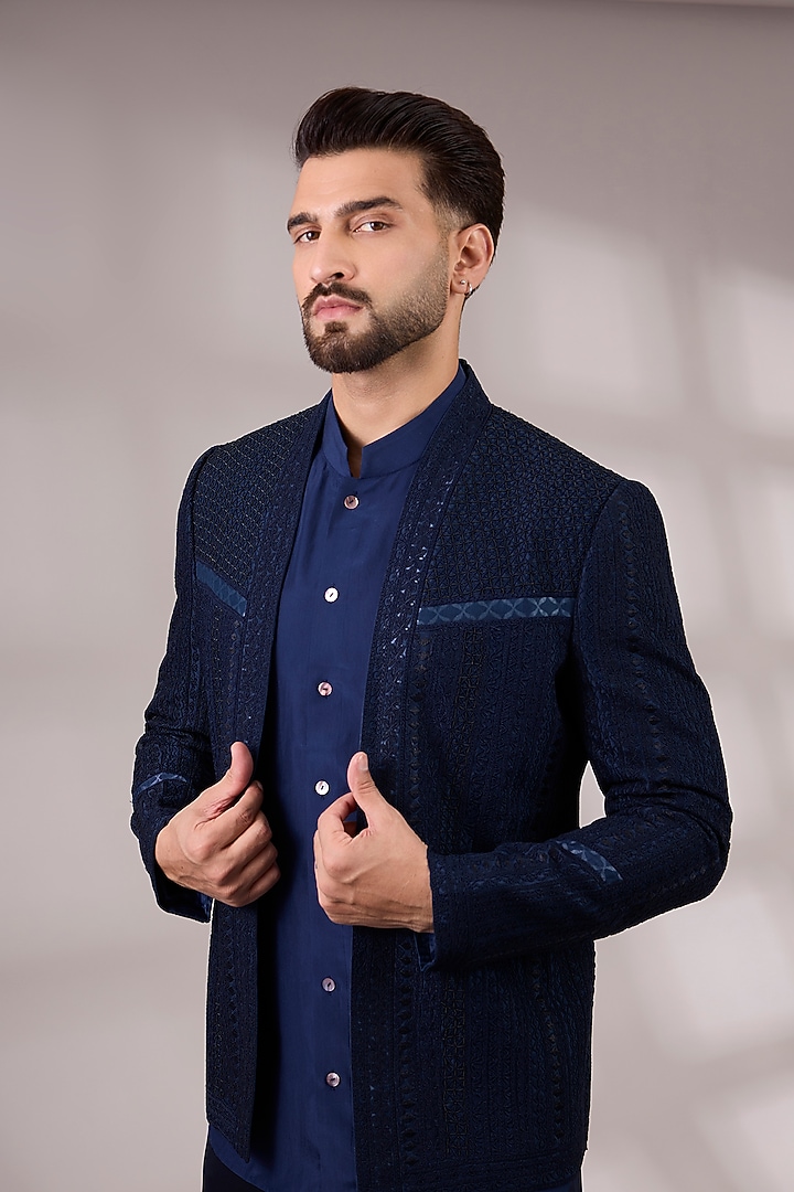 Navy Blue Georgette & Satin Groom Indowestern Set by ARJAN DUGAL at Pernia's Pop Up Shop
