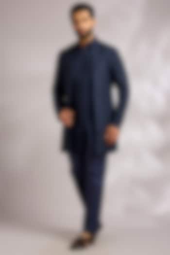 Navy Blue Organza Groom Indowestern Jacket Set by ARJAN DUGAL at Pernia's Pop Up Shop