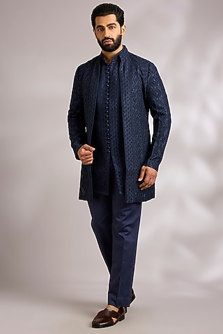 Navy Blue Organza Indowestern Jacket Set by ARJAN DUGAL