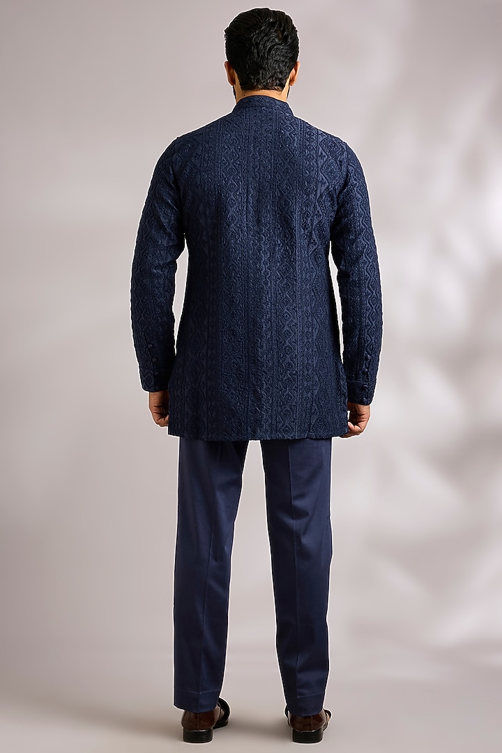 Navy Blue Organza Groom Indowestern Jacket Set by ARJAN DUGAL at Pernia's Pop Up Shop