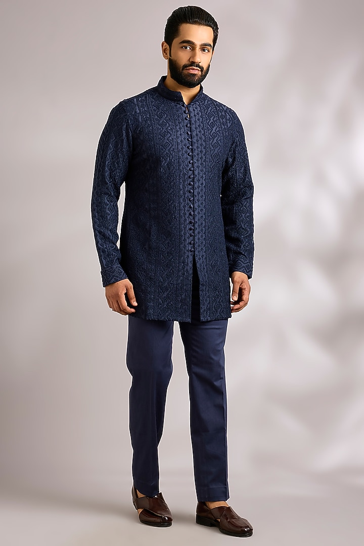 Navy Blue Organza Groom Indowestern Jacket Set by ARJAN DUGAL at Pernia's Pop Up Shop