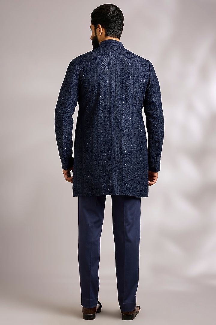 Navy Blue Organza Groom Indowestern Jacket Set by ARJAN DUGAL at Pernia's Pop Up Shop