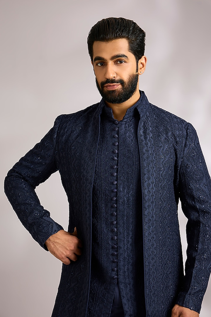 Navy Blue Organza Groom Indowestern Jacket Set by ARJAN DUGAL at Pernia's Pop Up Shop