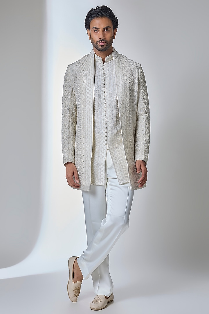 Off-White Organza Embroidered Achkan Jacket Set by ARJAN DUGAL at Pernia's Pop Up Shop