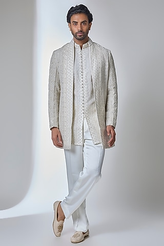 Off-White Organza Embroidered Achkan Jacket Set by ARJAN DUGAL