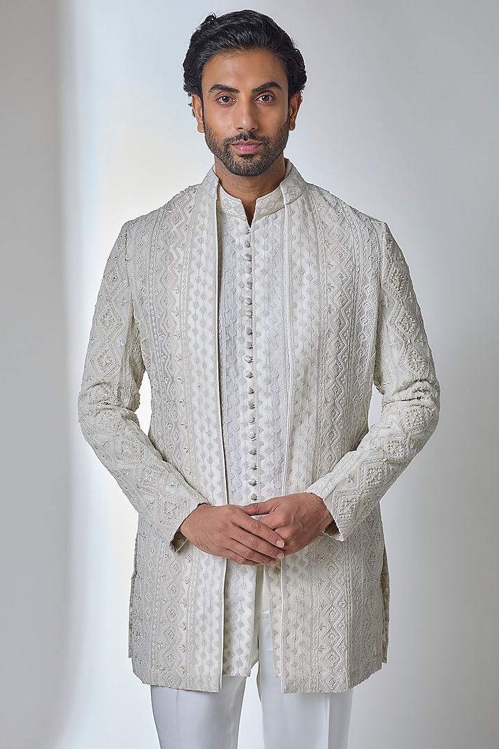Off-White Organza Embroidered Achkan Jacket Set by ARJAN DUGAL at Pernia's Pop Up Shop