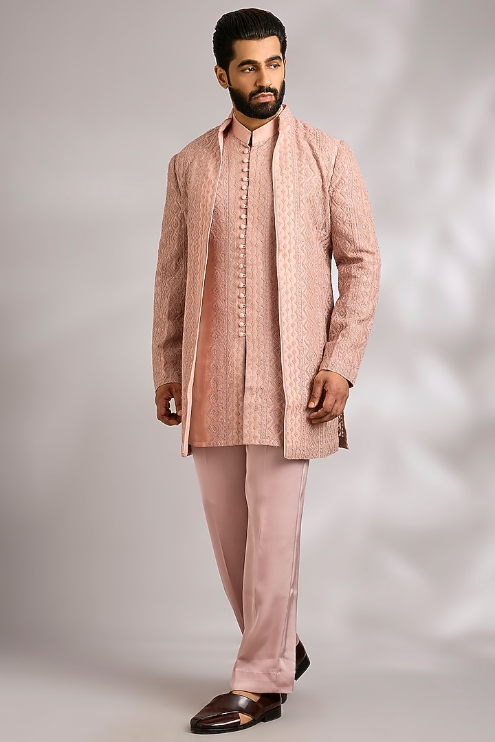 Pink Champagne Organza Groom Indowestern Jacket Set by ARJAN DUGAL at Pernia's Pop Up Shop
