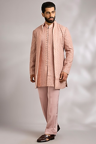 Pink Champagne Organza Indowestern Jacket Set by ARJAN DUGAL