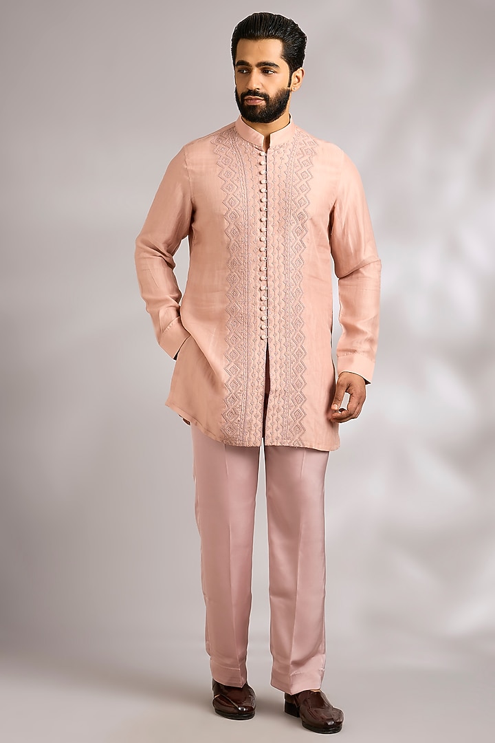 Pink Champagne Organza Groom Indowestern Jacket Set by ARJAN DUGAL at Pernia's Pop Up Shop