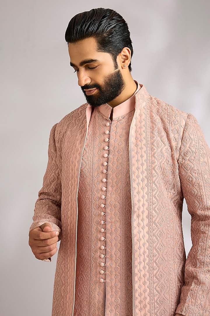 Pink Champagne Organza Groom Indowestern Jacket Set by ARJAN DUGAL at Pernia's Pop Up Shop