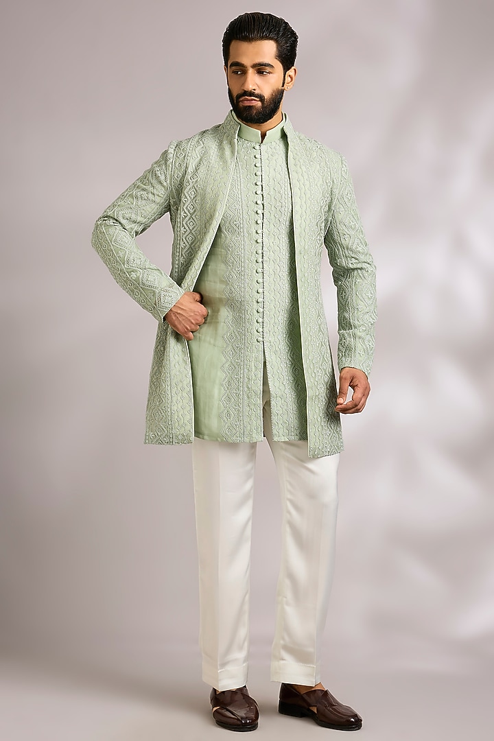 Sage Green Organza Groom Indowestern Jacket Set by ARJAN DUGAL at Pernia's Pop Up Shop
