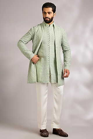 Sage Green Organza Indowestern Jacket Set by ARJAN DUGAL