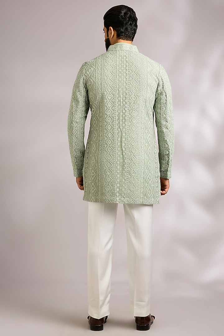 Sage Green Organza Groom Indowestern Jacket Set by ARJAN DUGAL at Pernia's Pop Up Shop