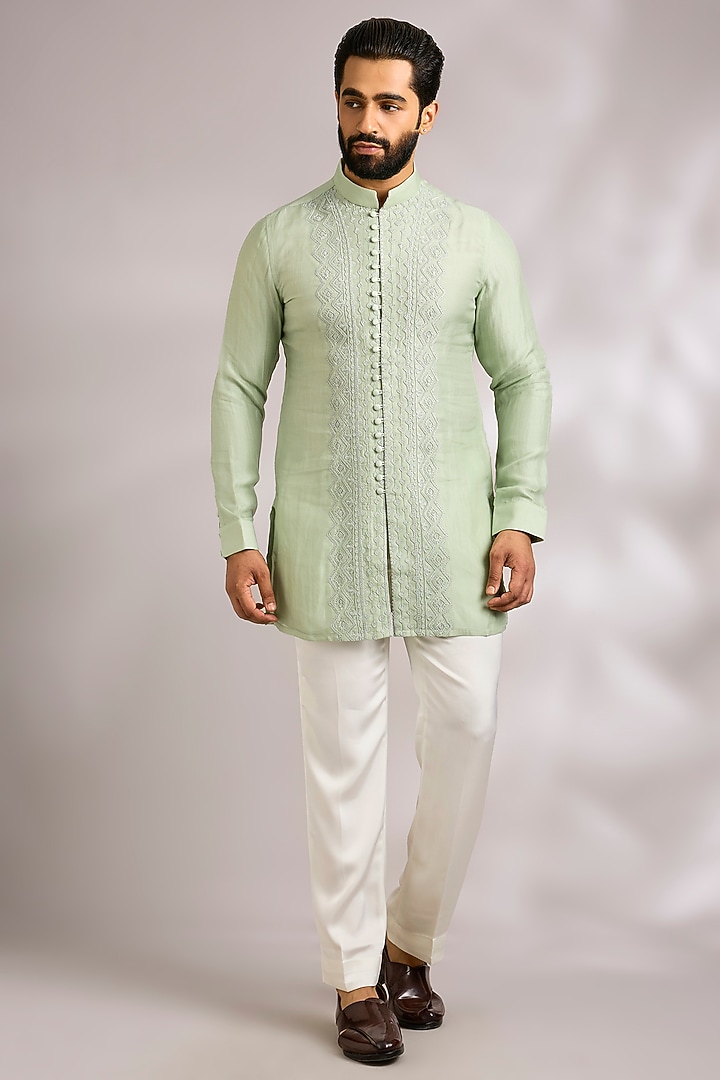 Sage Green Organza Groom Indowestern Jacket Set by ARJAN DUGAL at Pernia's Pop Up Shop