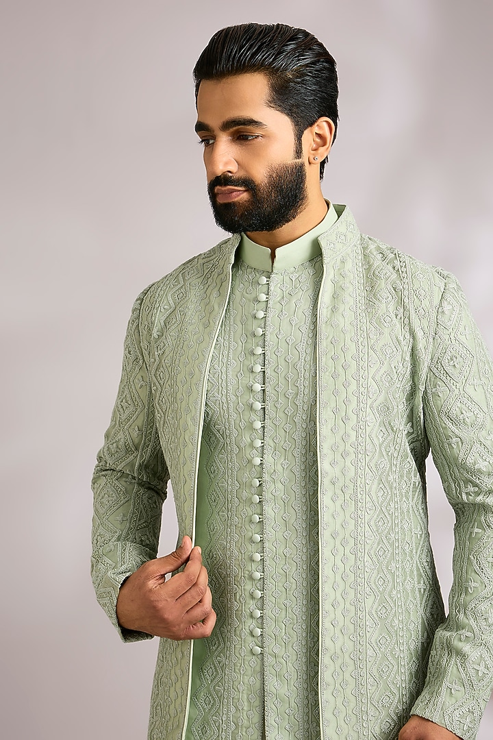 Sage Green Organza Groom Indowestern Jacket Set by ARJAN DUGAL at Pernia's Pop Up Shop