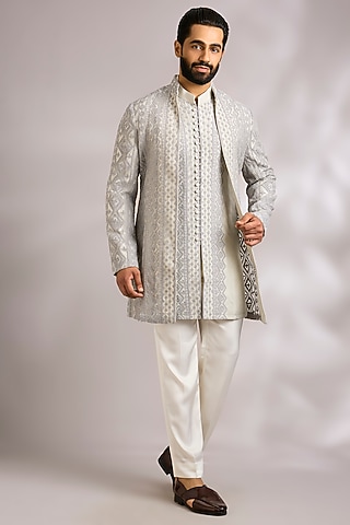 Grey Organza Indowestern Jacket Set by ARJAN DUGAL