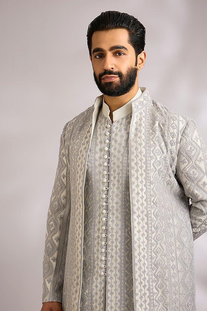Grey Organza Groom Indowestern Jacket Set by ARJAN DUGAL at Pernia's Pop Up Shop