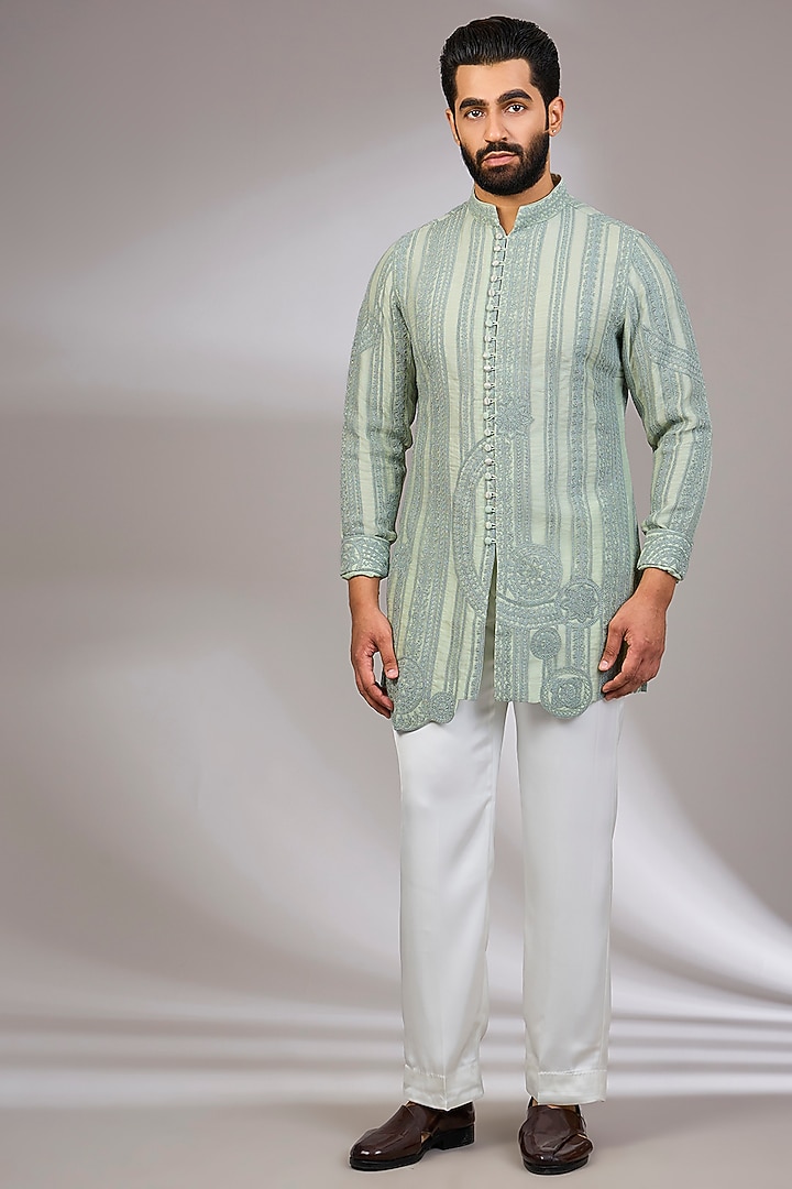 Sage Green Georgette & Satin Kurta Set by ARJAN DUGAL at Pernia's Pop Up Shop