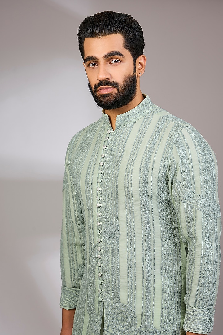 Sage Green Georgette & Satin Kurta Set by ARJAN DUGAL at Pernia's Pop Up Shop