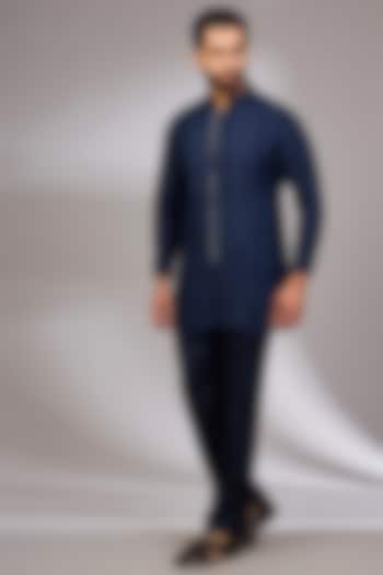 Navy Blue Georgette & Satin Kurta Set by ARJAN DUGAL at Pernia's Pop Up Shop