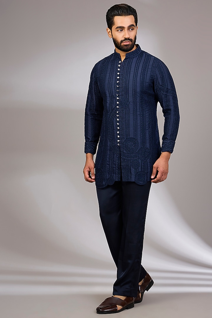 Navy Blue Georgette & Satin Kurta Set by ARJAN DUGAL at Pernia's Pop Up Shop