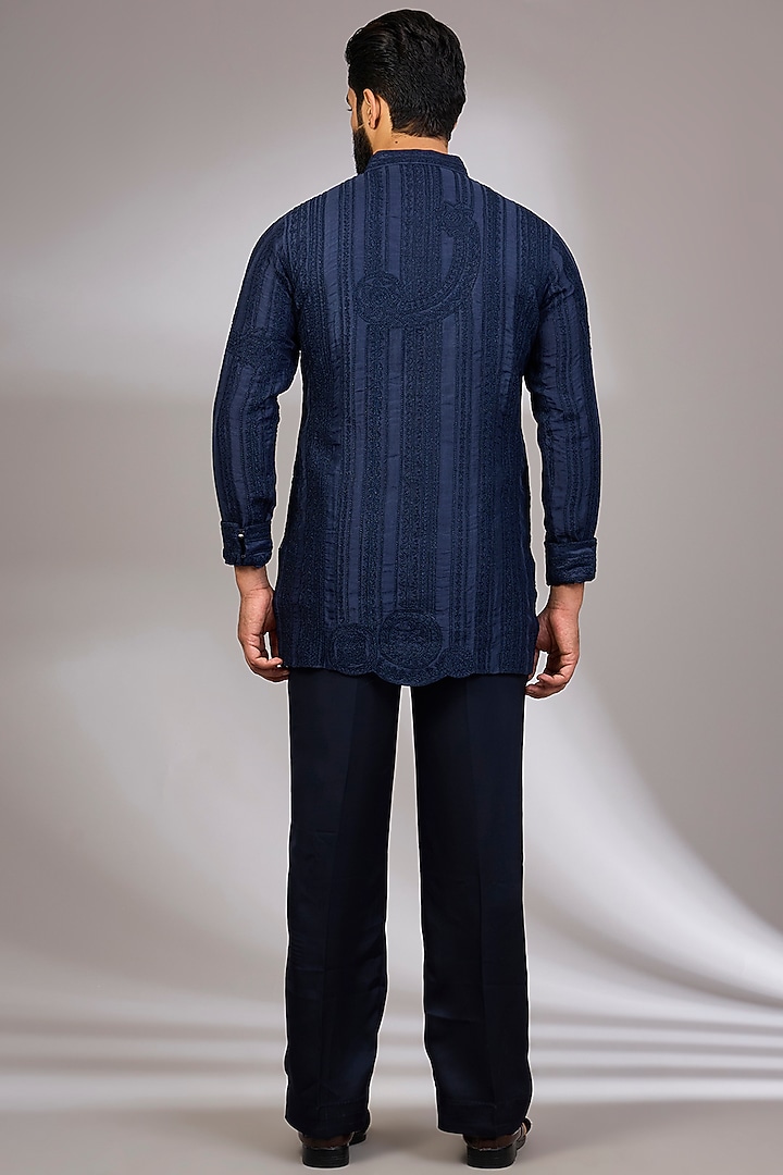 Navy Blue Georgette & Satin Kurta Set by ARJAN DUGAL at Pernia's Pop Up Shop