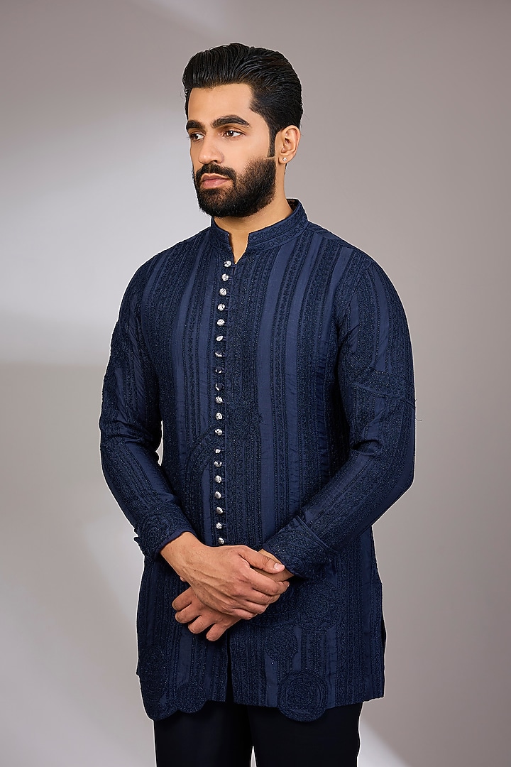 Navy Blue Georgette & Satin Kurta Set by ARJAN DUGAL at Pernia's Pop Up Shop