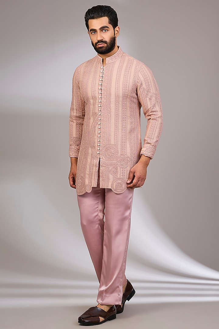 Pink Champagne Georgette & Satin Kurta Set by ARJAN DUGAL at Pernia's Pop Up Shop