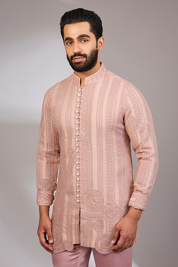 Pink Champagne Georgette & Satin Kurta Set by ARJAN DUGAL at Pernia's Pop Up Shop