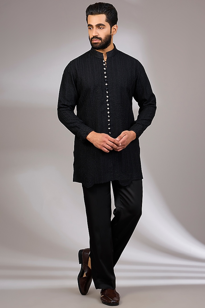 Black Georgette & Satin Kurta Set by ARJAN DUGAL at Pernia's Pop Up Shop