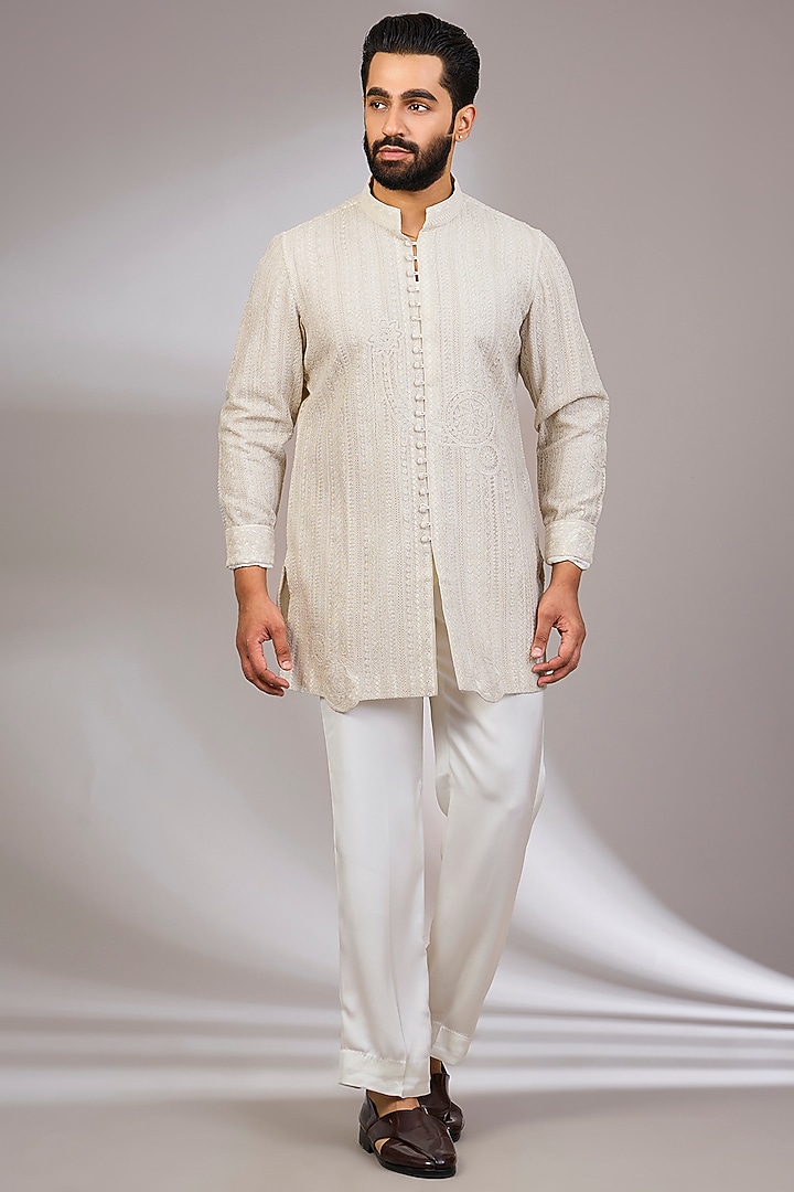 Off White Georgette & Satin Kurta Set by ARJAN DUGAL at Pernia's Pop Up Shop