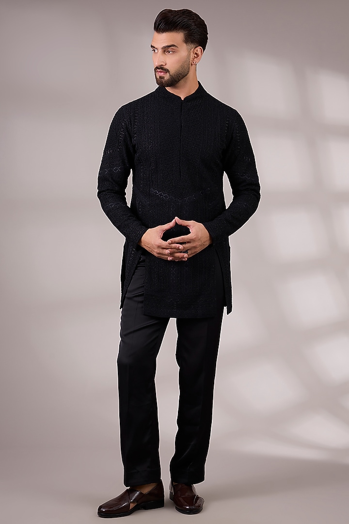 Navy Blue Organza & Muslin Kurta Set by ARJAN DUGAL at Pernia's Pop Up Shop
