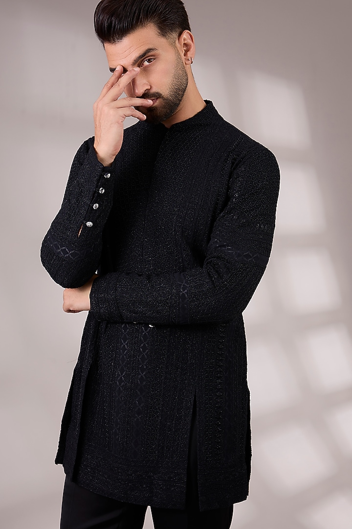 Navy Blue Organza & Muslin Kurta Set by ARJAN DUGAL at Pernia's Pop Up Shop