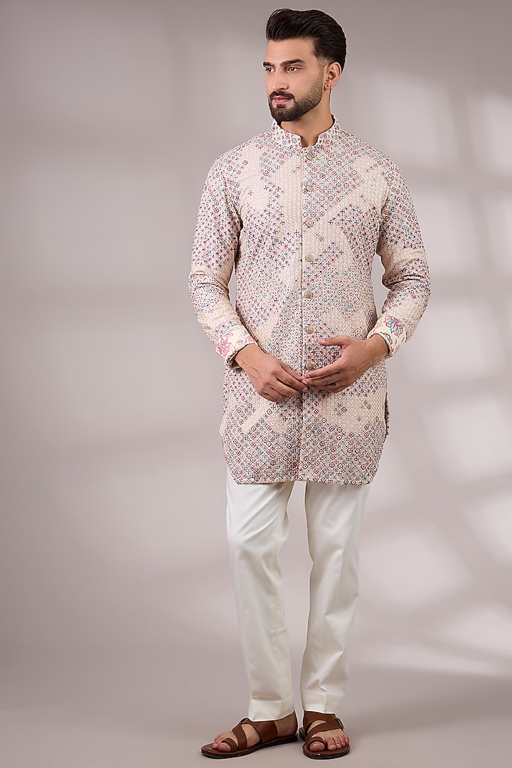 White Chanderi & Satin Kurta Set by ARJAN DUGAL at Pernia's Pop Up Shop