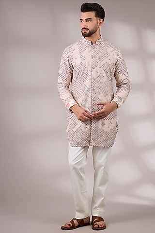 White Chanderi & Satin Kurta Set by ARJAN DUGAL